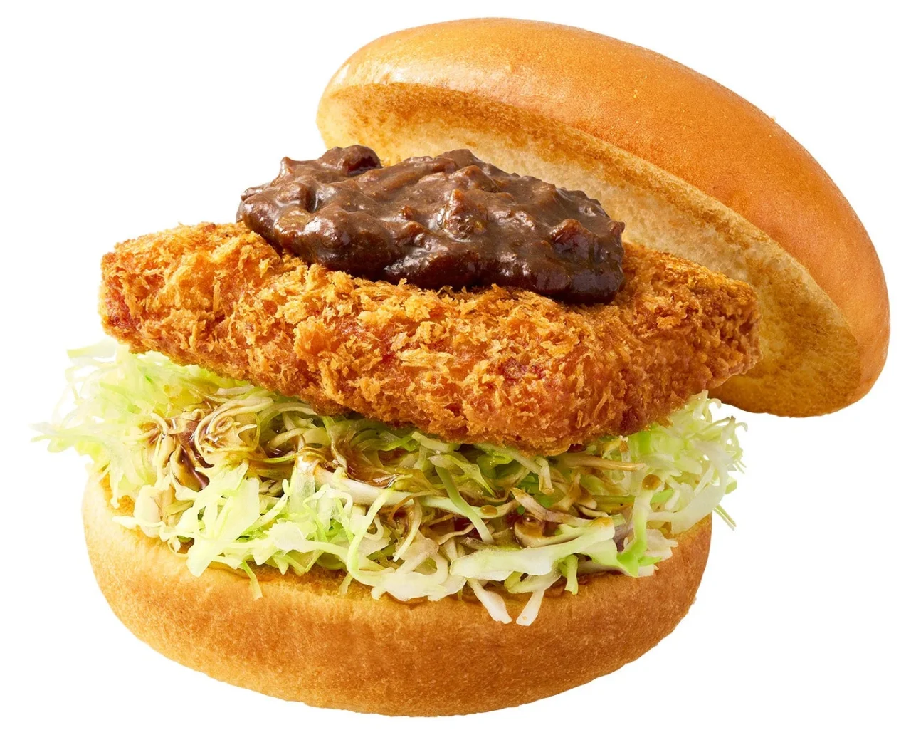 金沢カレーカツバーガー。千切りキャベツとロースカツにカレーソースをのせた断面