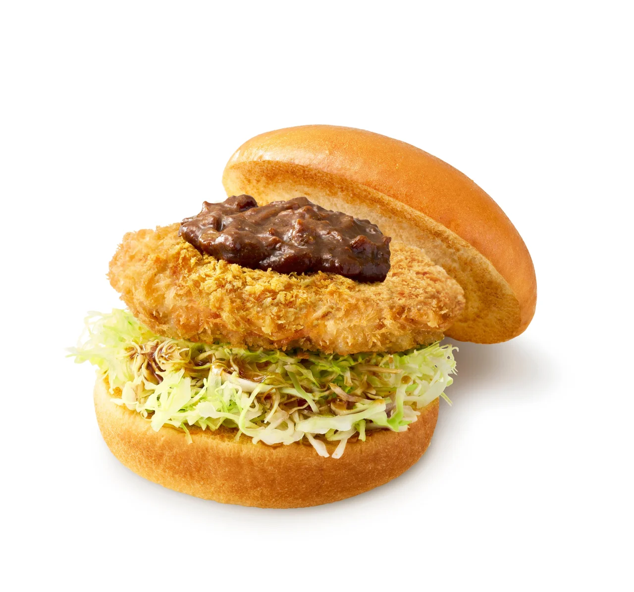 金沢カレーメンチカツバーガー。千切りキャベツとメンチカツにカレーソースをのせた商品