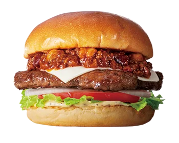 和牛ミートソースバーガー。ミートソースとチーズ、パティ、野菜入り