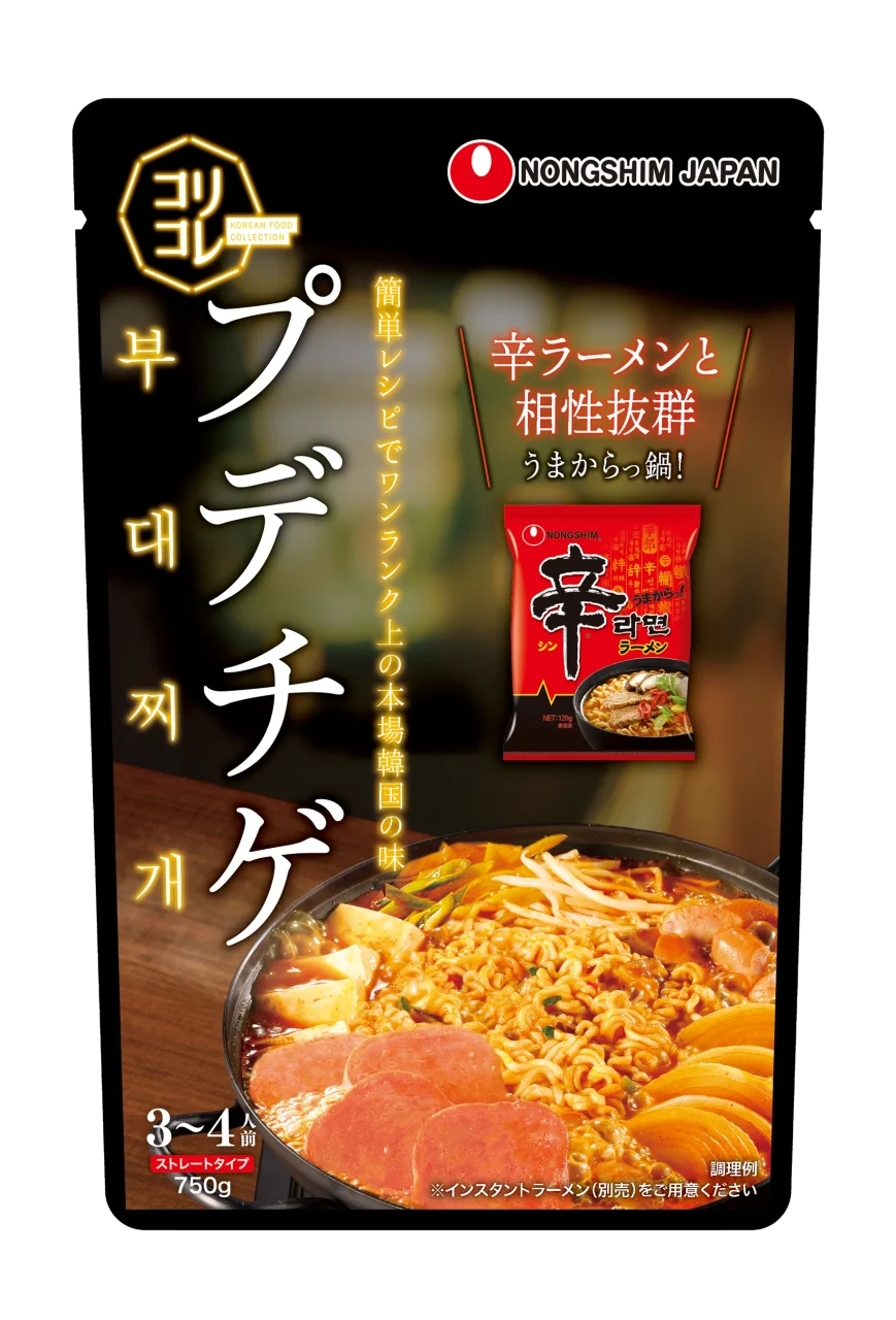 コリコレ プデチゲ鍋つゆ ストレートのパッケージ。辛ラーメンと鍋の写真