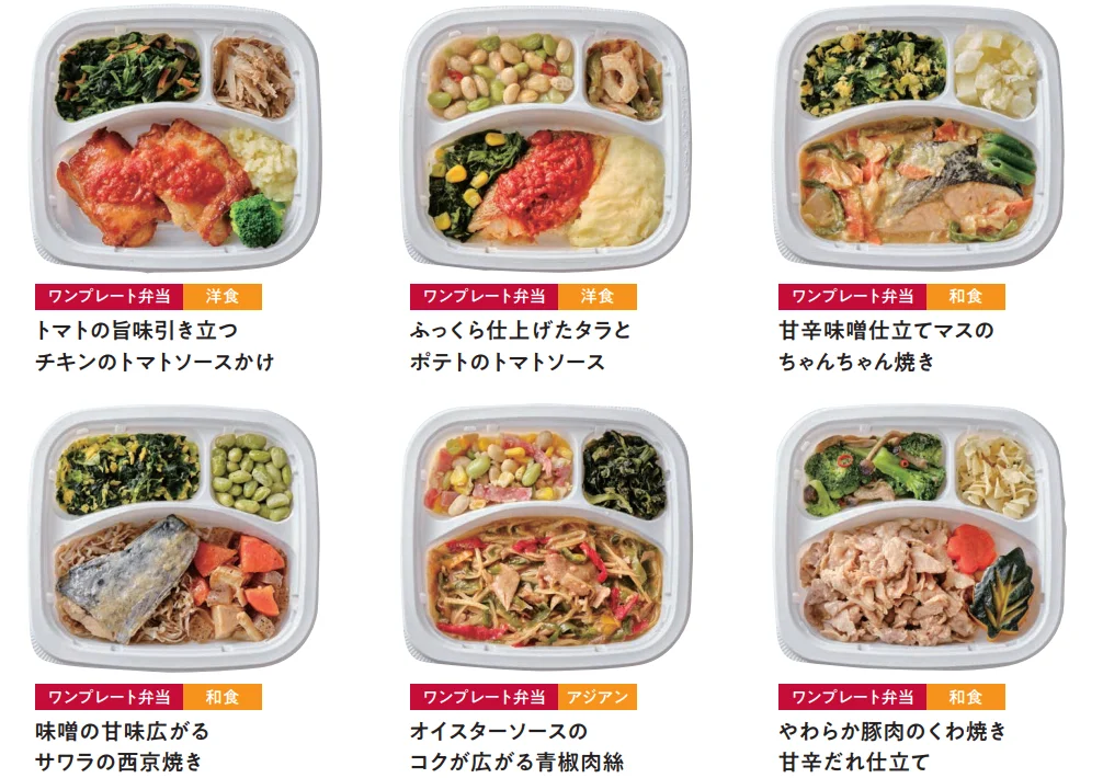 ワンプレート弁当メニュー例6種。洋食・和食・アジアンの仕切り容器入り