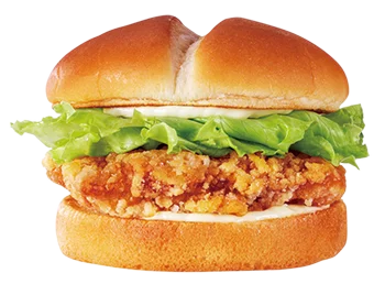 サク旨やみつきチキン竜田バーガー。レタスと衣のチキンを挟んだ外観