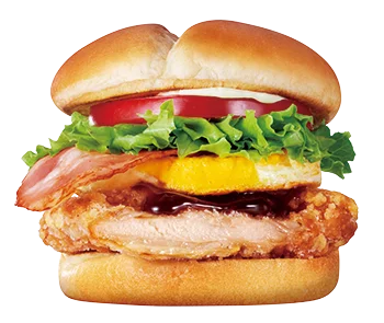 サク旨ベーコンエッグチキン竜田バーガー。ベーコン、卵、レタス、トマト入り