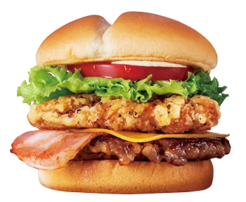 サク旨Wミートモンスターチキン竜田バーガー。チキンとパティを重ねた断面