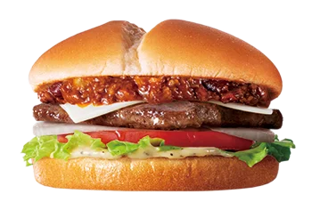 Jr.和牛ミートソースバーガー。ミートソース、チーズ、パティ、トマト、レタスを挟んだ外観
