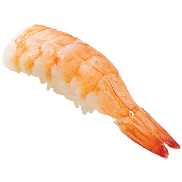 神の海老の握り。シャリに乗った赤橙色の海老と尾