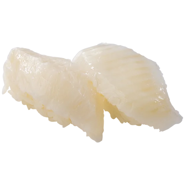 大切りえんがわの握り2貫。白く透明感のある身が酢飯にのる