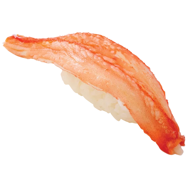 本ズワイガニの握り寿司。シャリの上に赤橙色のカニ身がのる
