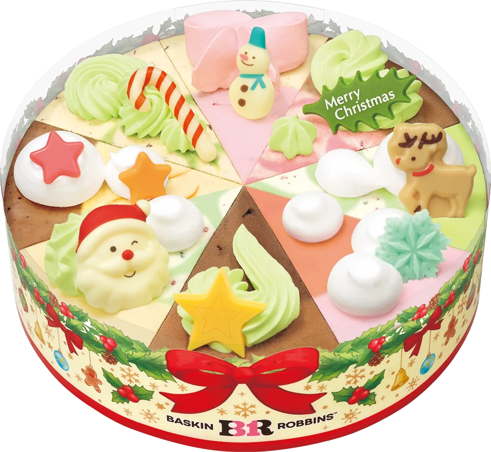 クリスマス パレット８。8つのピースにサンタやトナカイを飾ったケーキ