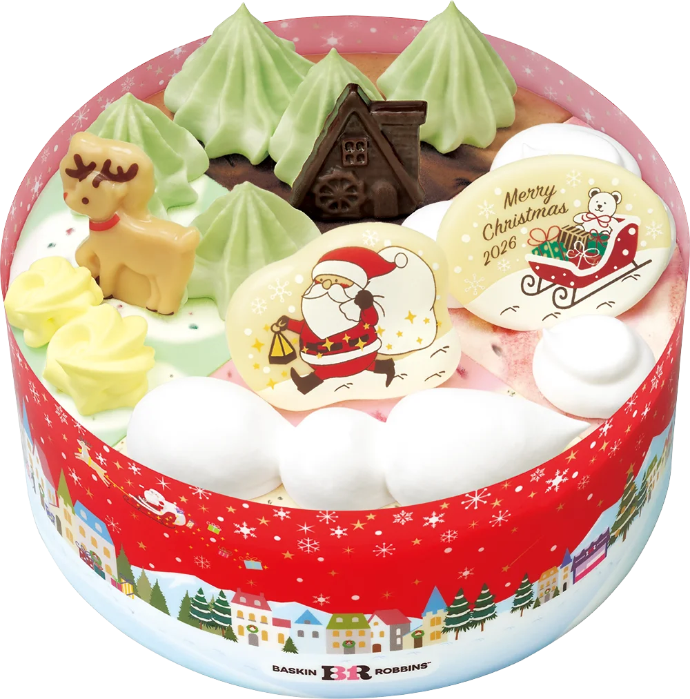 クリスマス パレット４。サンタやトナカイ、お家のチョコプレートを飾った丸いケーキ