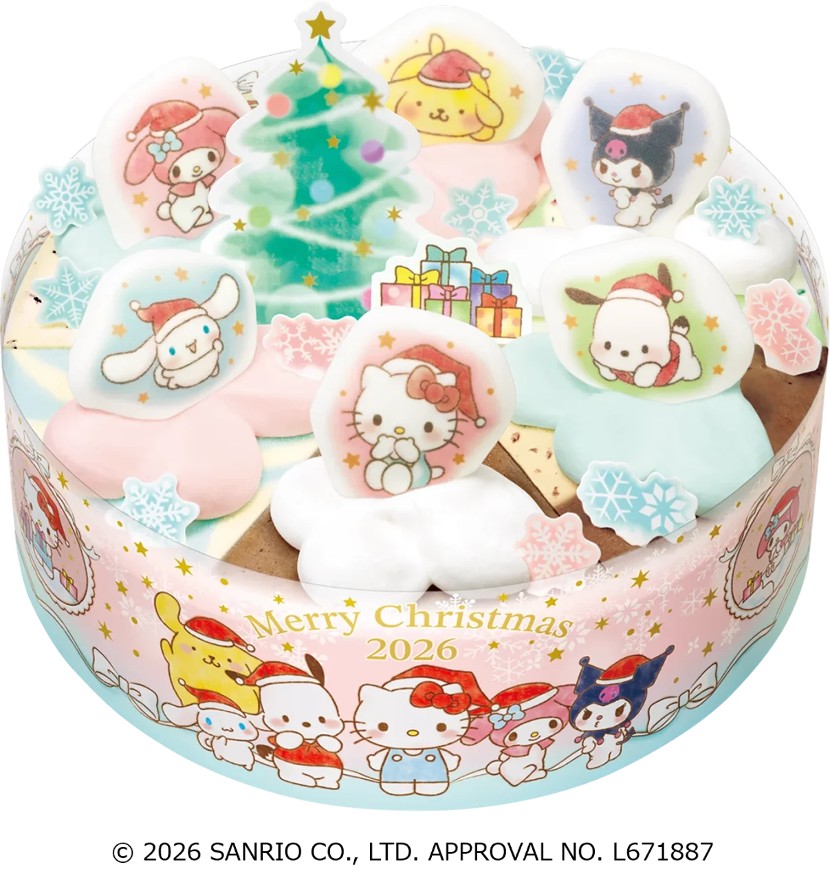 サンリオキャラクターズ クリスマス パレット６。サンタ姿のキャラ砂糖菓子とツリーを飾ったケーキ