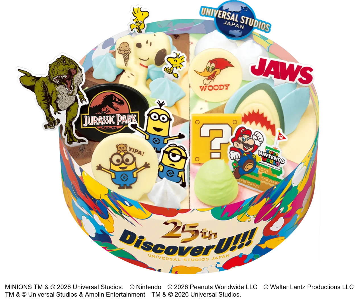 USJ 25th アニバーサリー パレット6。6キャラクターの飾りを載せたアイスケーキ