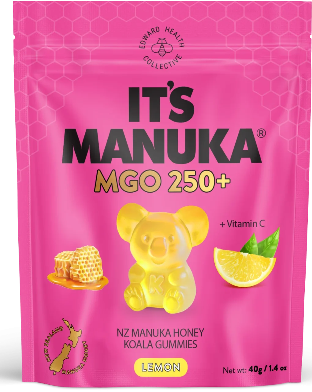 ピンクのパウチ。IT'S MANUKA MGO 250+ レモン味のコアラ型グミ