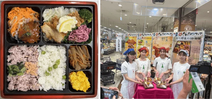 「野菜が摂れる!チキン南蛮風弁当」(左)と試食販売イベントの様子(右)