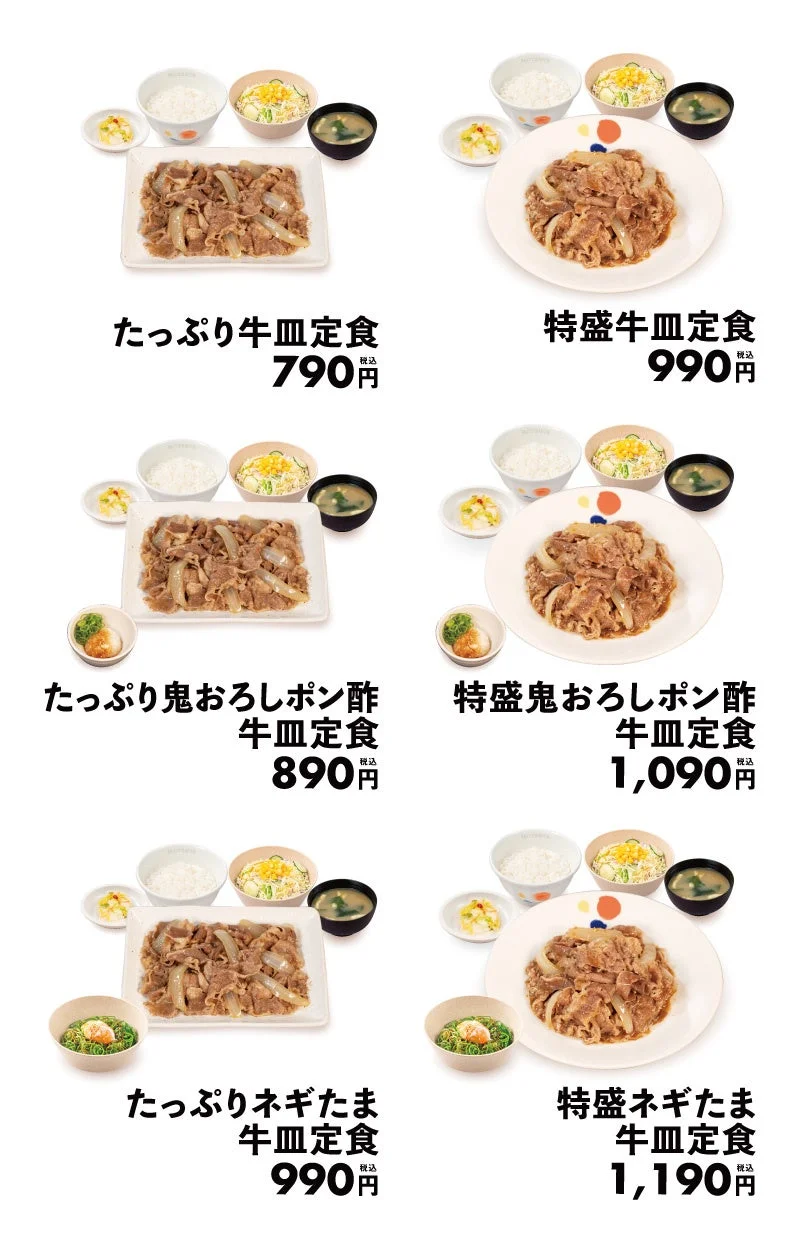 たっぷり・特盛の牛皿定食、鬼おろしポン酢、ネギたま全6種のメニュー一覧