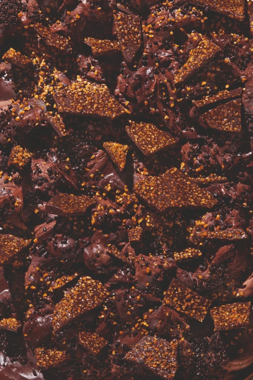 ジェラート「チョコビア ヌガティーヌ」のチョコレートと砕いたナッツ状の粒