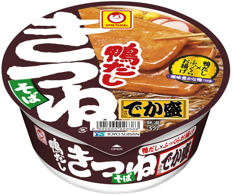マルちゃん 鴨だしきつねそば でか盛のカップ麺パッケージ