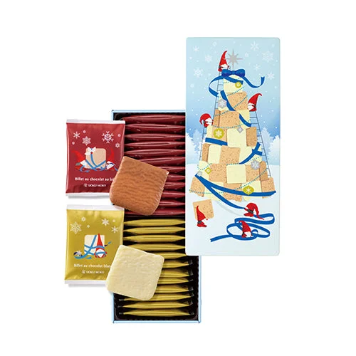クリスマスツリー柄の箱と、ショコラオレ・ショコラブラン風味のクッキー個包装