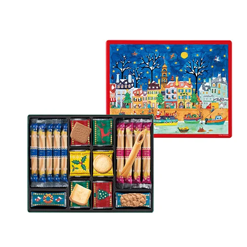 クリスマス絵柄の缶ふたと、クッキーが並ぶ詰め合わせ