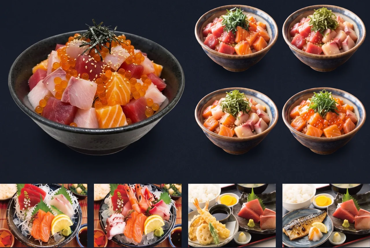 海鮮丼4種と刺身定食4種を並べたメニュー写真
