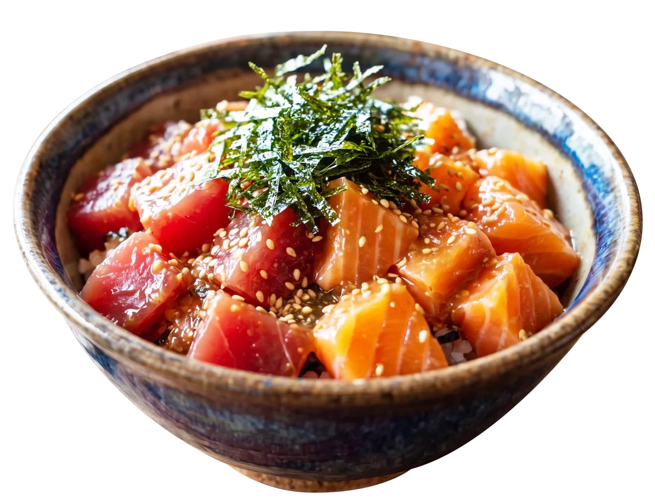 マグロとサーモンの海鮮丼。刻み海苔と胡麻をのせた器入り
