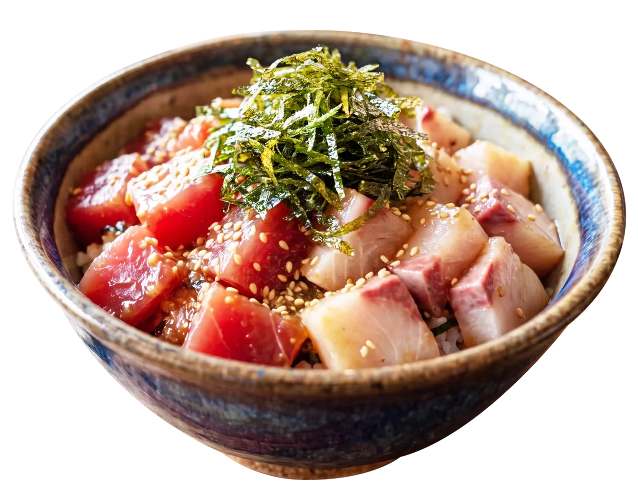マグロとブリの海鮮丼。刻み海苔と胡麻をのせた器入り