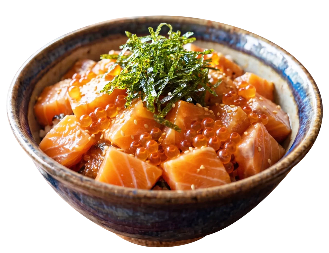 サーモンとイクラの海鮮丼。刻み海苔をのせた器入り
