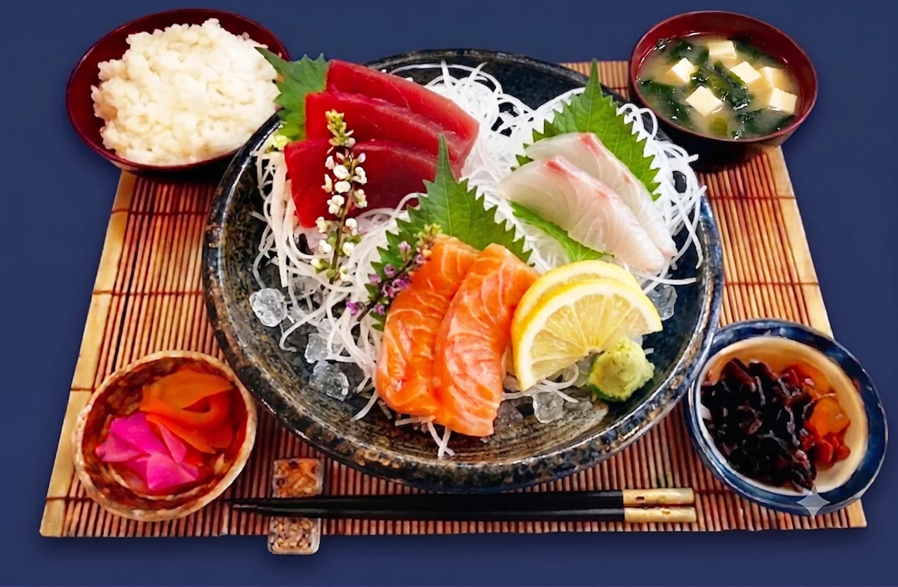 刺身3種盛り定食。マグロ・サーモン・白身魚の刺身にご飯、味噌汁、小鉢付き