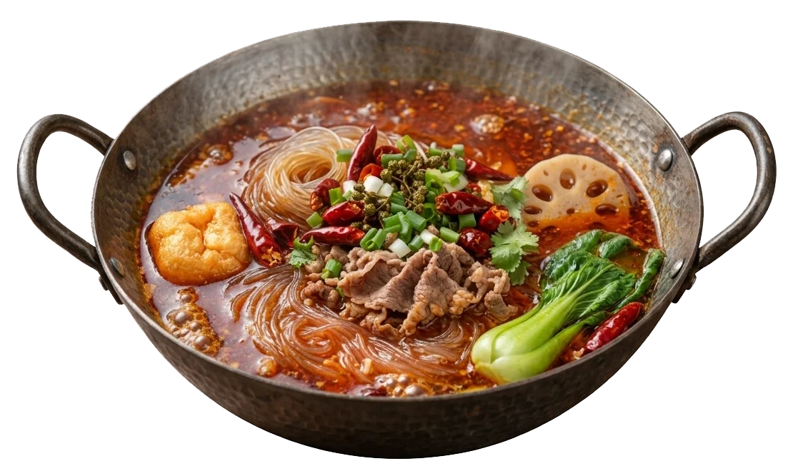 海鮮麻辣湯鍋。赤いスープに春雨、肉、青菜、れんこん、唐辛子