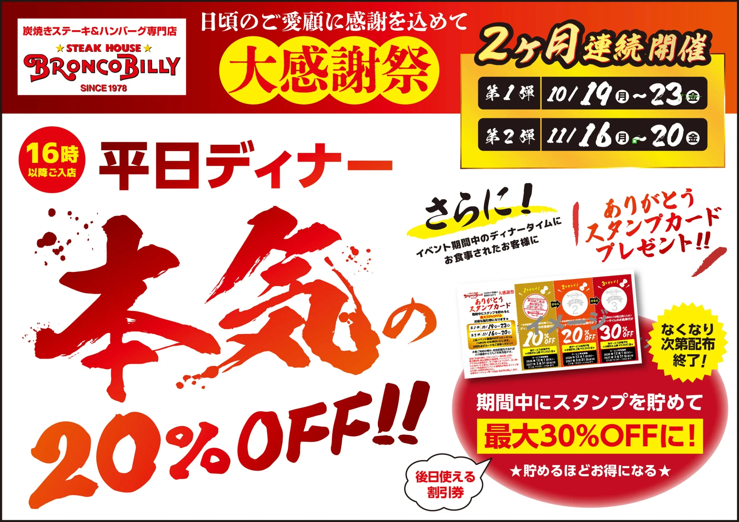 ブロンコビリー大感謝祭の告知。平日ディナー20%OFFとスタンプカード