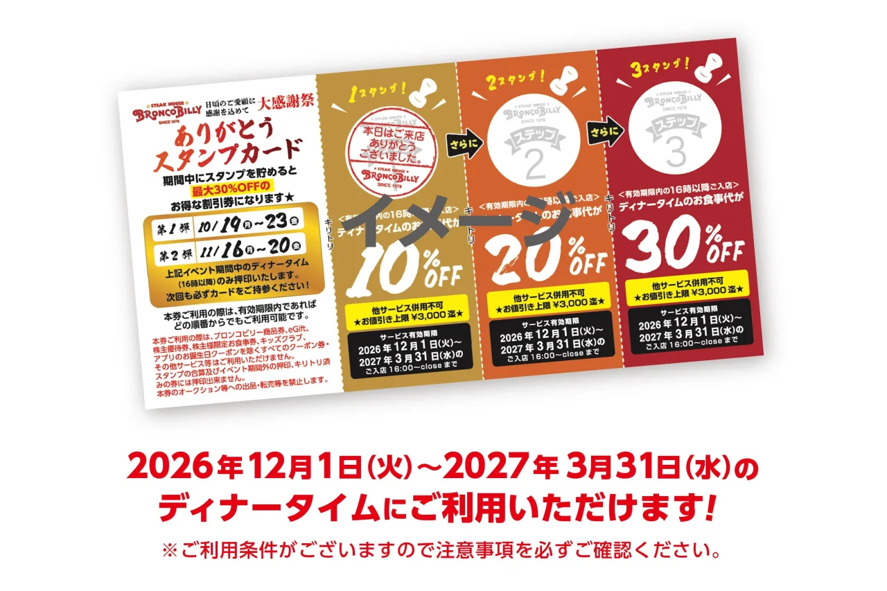 ありがとうスタンプカード。10%・20%・30%OFFの3段階クーポン