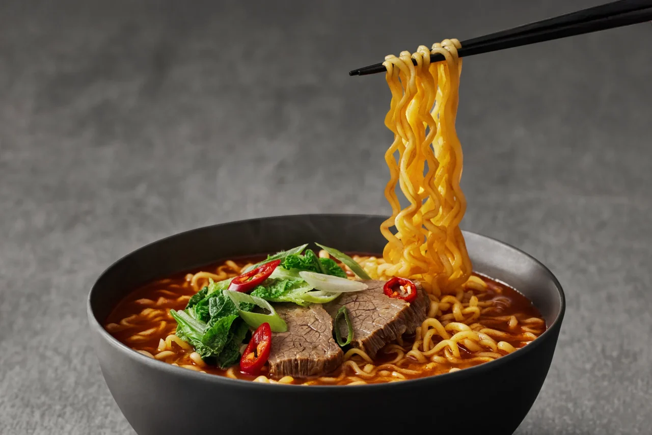三養1963のラーメン。黒い器のスープに麺を箸で持ち上げた様子