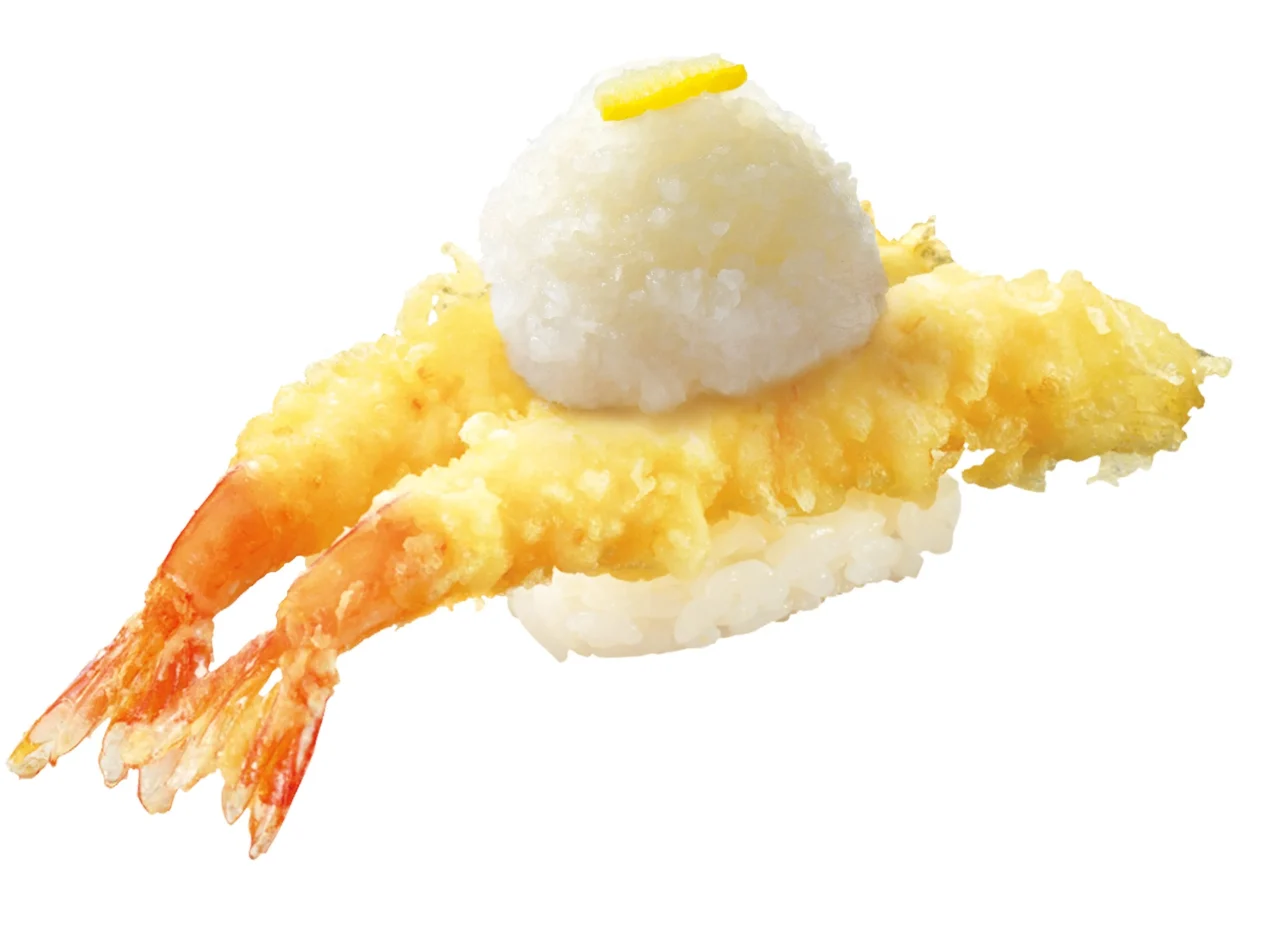 えび天握り(柚子おろし盛り)。えび天2尾に柚子おろしを盛った握り