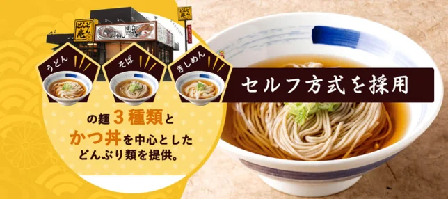 どんどん庵のセルフ方式紹介。うどん・そば・きしめんと、そばの丼