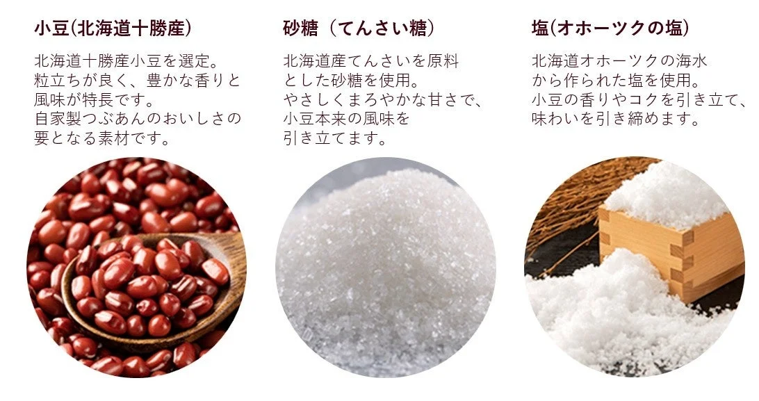 小豆・砂糖・塩の原材料を並べた紹介画像