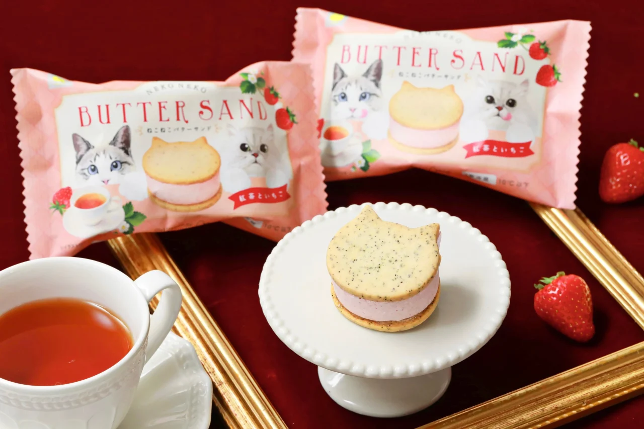 ねこねこバターサンド～紅茶といちご～の個包装と猫型サンド、紅茶