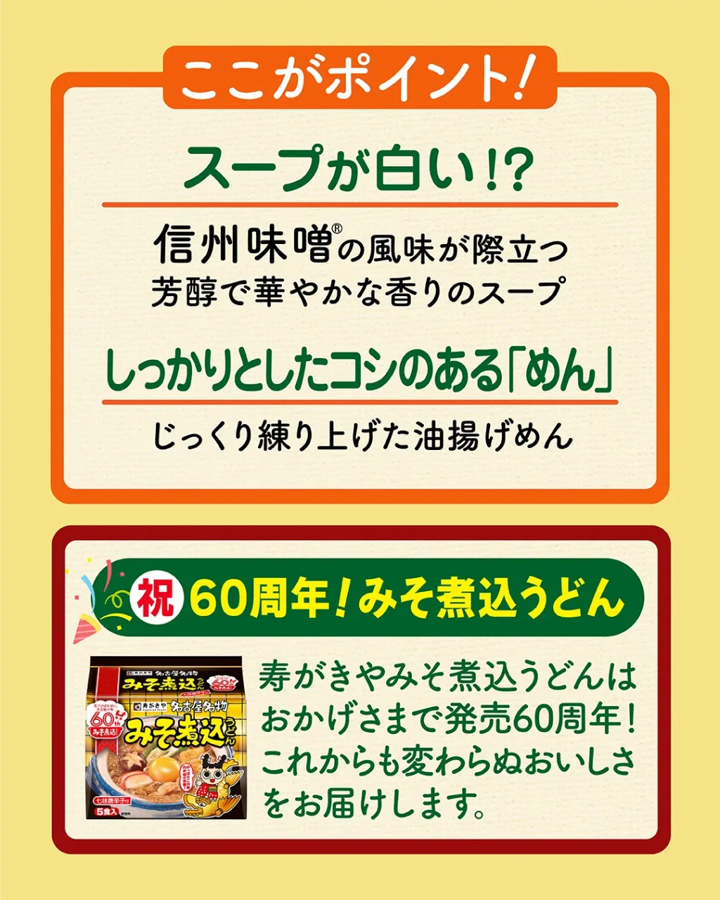 ここがポイント！スープが白い、60周年みそ煮込うどんの袋麺