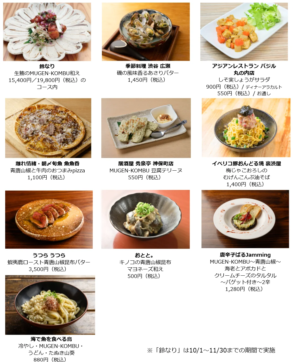 「MUGEN-KONBU」コラボメニューフェアの提供料理10品の一覧