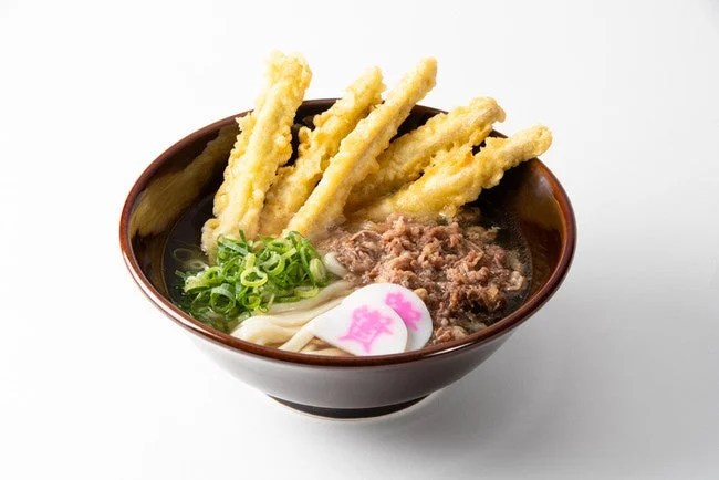 茶色い丼に入った、天ぷらと肉とねぎをのせたうどん