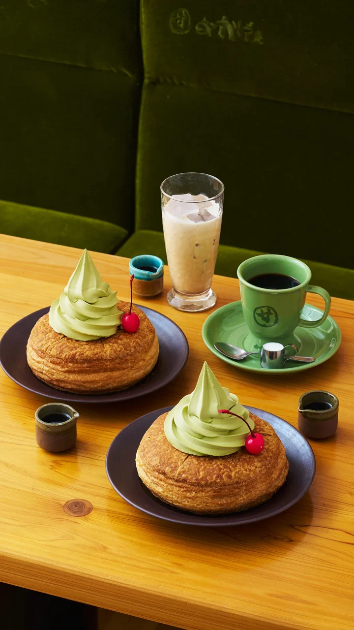 おかげ庵_シロノワールも抹茶ソフトに。抹茶ソフトを載せた2皿と飲み物
