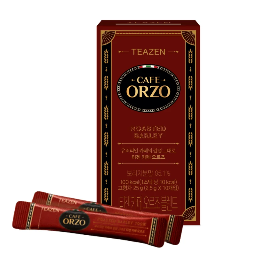 TEAZEN カフェORZOブレンドの赤い箱と個包装スティック