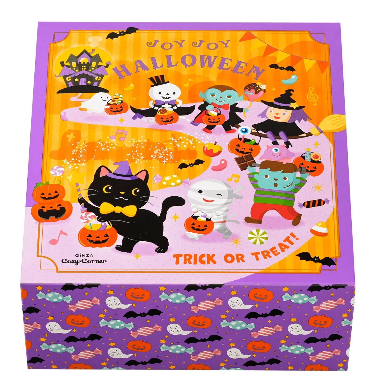 <JOYJOY>ハロウィンパーティー(9個入)の専用BOX。黒猫やおばけのイラスト入り