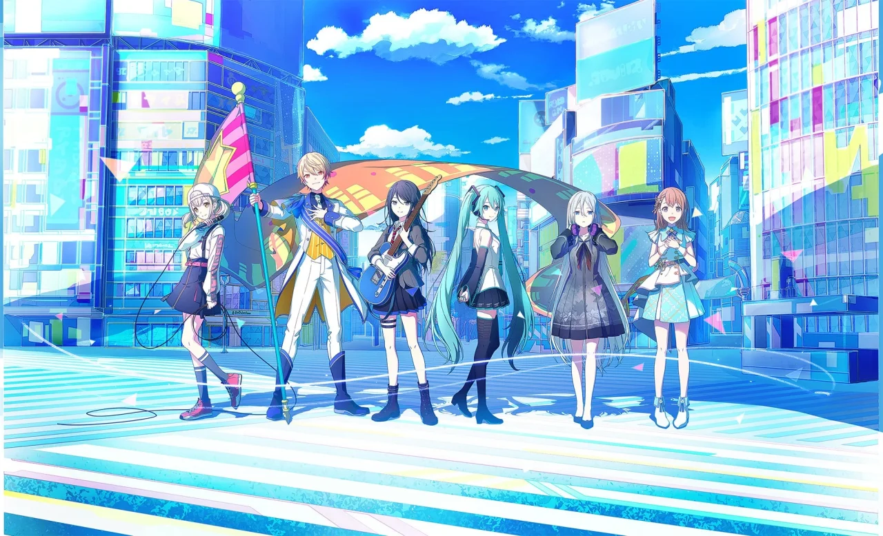 プロジェクトセカイ カラフルステージ! feat. 初音ミクの6人のキャラクターが街に並ぶイラスト