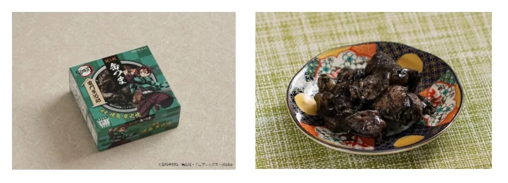 K&K缶つま 国産 焼鳥 炭火焼(竈門 炭治郎)のパッケージと皿に盛った黒い焼鳥
