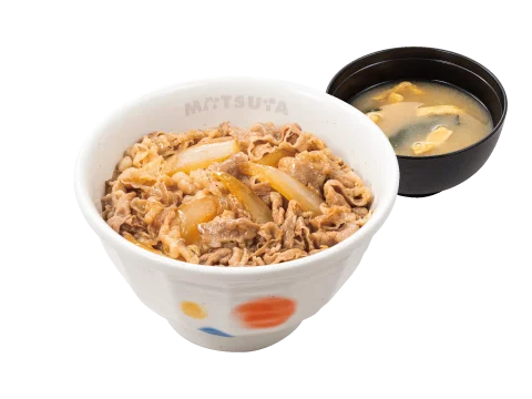 松屋の牛めし。牛肉と玉ねぎの丼に味噌汁が付く