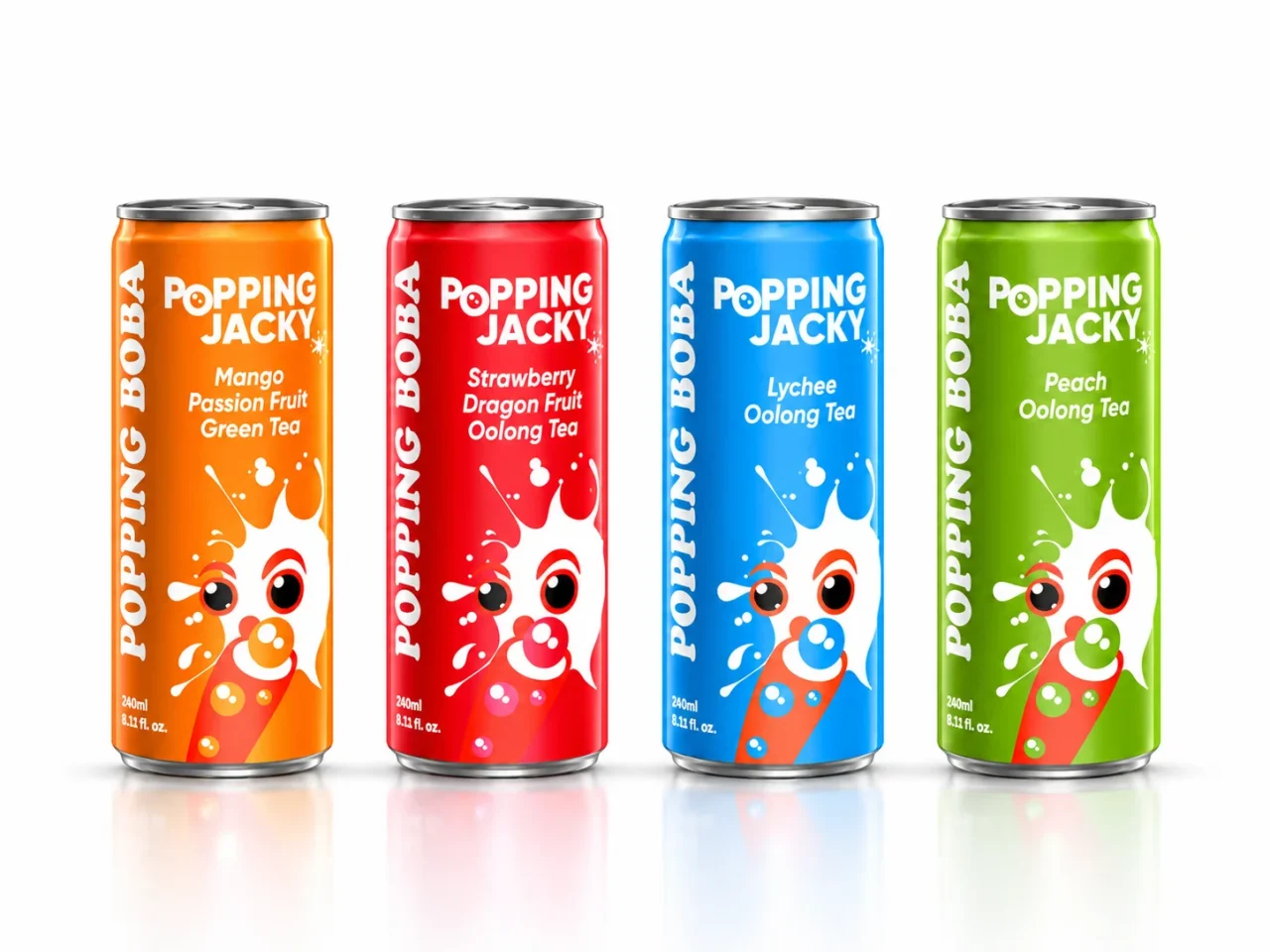 Popping Jacky 缶ドリンク4種。オレンジ・赤・青・緑の缶が並ぶ