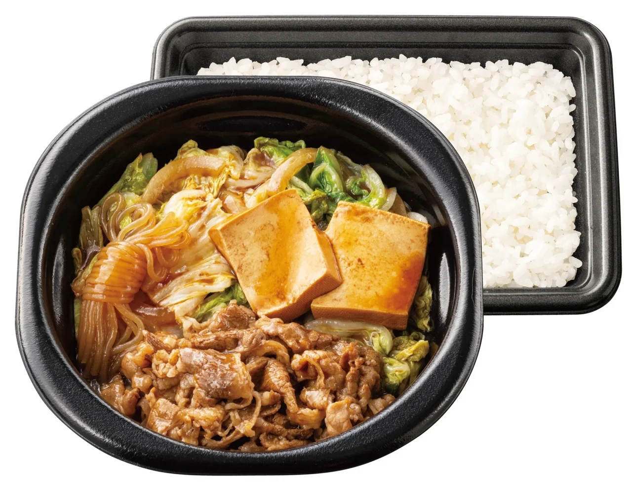 鍋タイプ 牛すき焼き弁当。牛肉、豆腐、白菜、白滝の具とごはんの容器