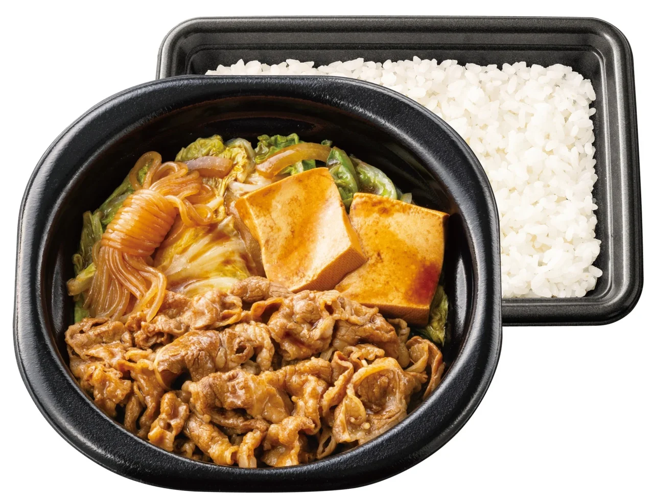 鍋タイプ 倍盛牛すき焼き弁当(肉2倍)。黒い容器の具材と白ごはん