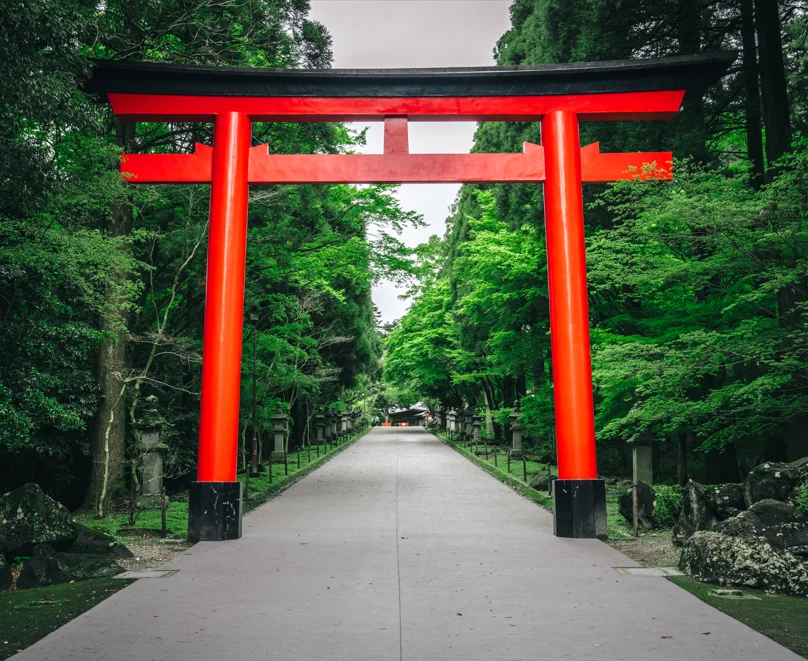 木々に囲まれた参道に立つ赤い鳥居(霧島神宮内の国立公園)