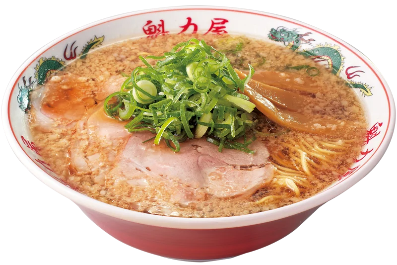 京都背脂醤油ラーメン。ねぎとチャーシューをのせた魁力屋の丼